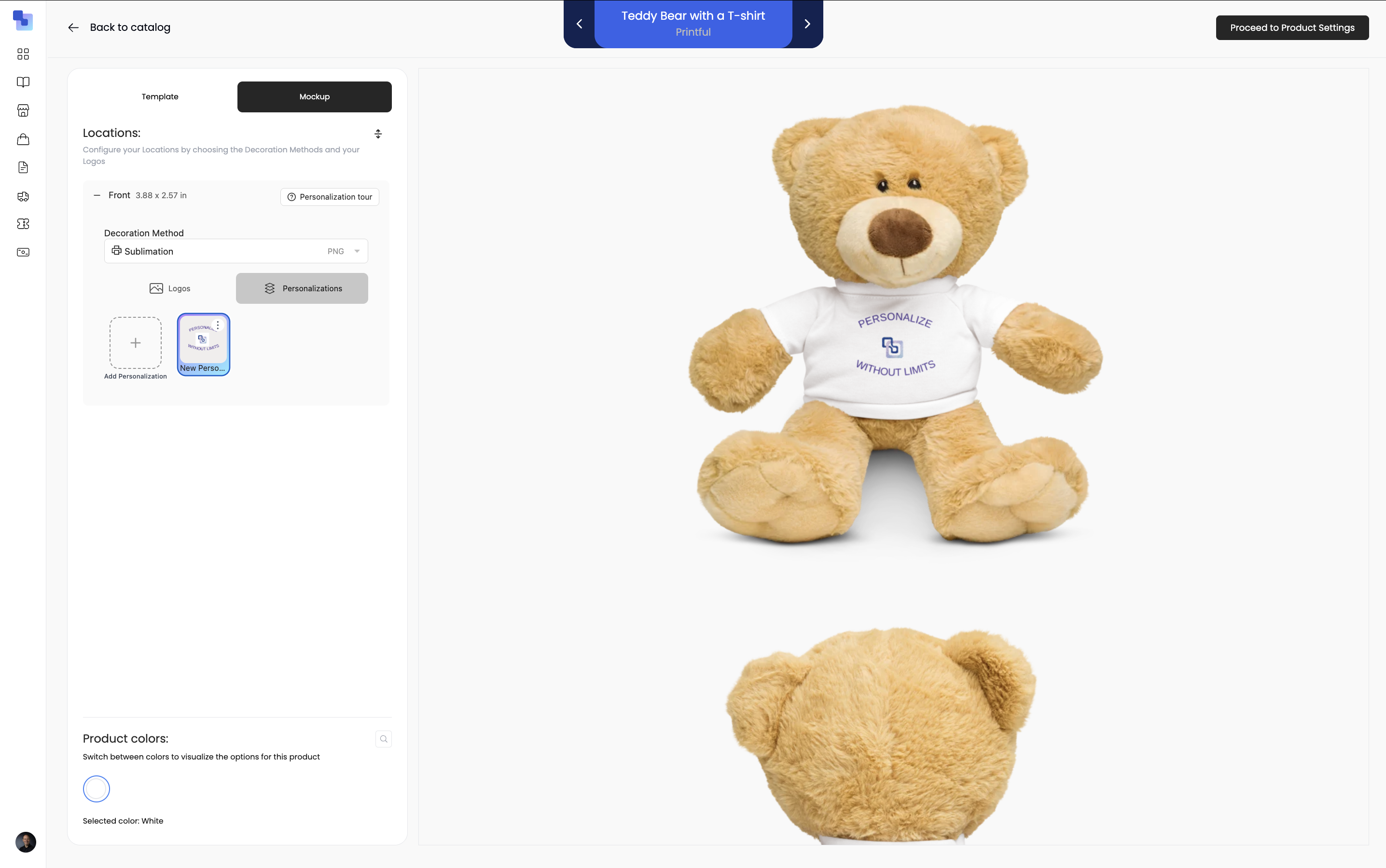 Brikl storefront product page rendering the layered design as a 3D mockup of a teddy bear wearing a t-shirt with the personalized print